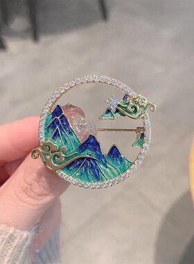 中国风山水小众复古千里江山图创意时尚胸针百搭西装大衣配饰