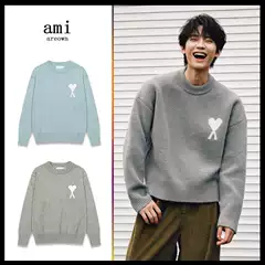 Ami Knitwear 25Ss New Big Heart Jacquard Alpaca Wool Reverse Bone Stitching Men and Women Same Style Round Neck Pullover Knitwear