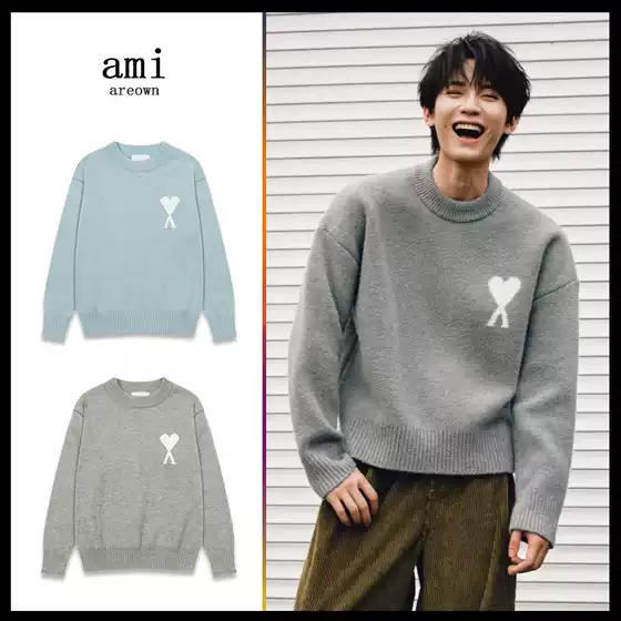 Ami Knitwear 25Ss New Big Heart Jacquard Alpaca Wool Reverse Bone Stitching Men and Women Same Style Round Neck Pullover Knitwear