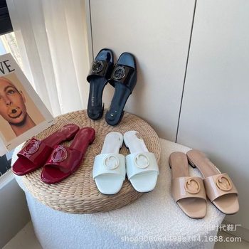 Fashionable Metal Buckle Flat Open-Toe Slide Sandals ~ Cross-Border Elegant Women's Summer Sandals