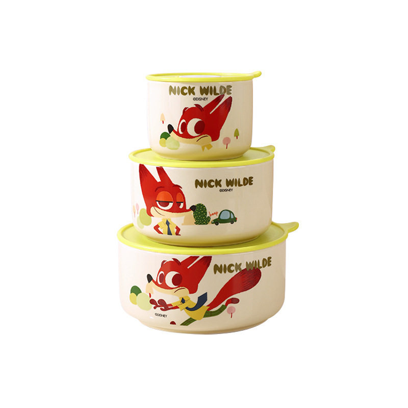 Disney Chaole Ceramic Fresh-keeping Bowl with Lid Fresh-keeping Box Three-piece Set Cartoon Hand Accompanying Gift suit Tableware Color Glaze