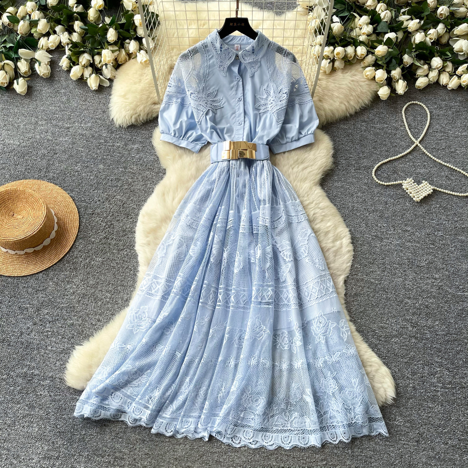 French Romantic Pink Hollow Lace Dress Summer A Line Silhouette Waist Defining Elegant Style Wholesale Availability
