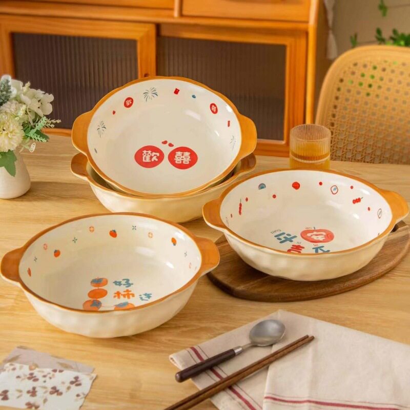 Underglaze Double-Eared Stone-Pattern Soup Bowl for Home Use, Suitable for Maoxuewang (Spicy Beef Soup), Pickled Cabbage Fish, Bowls and Chopsticks, Boiled Meat, Crayfish, Spicy Hot Pot