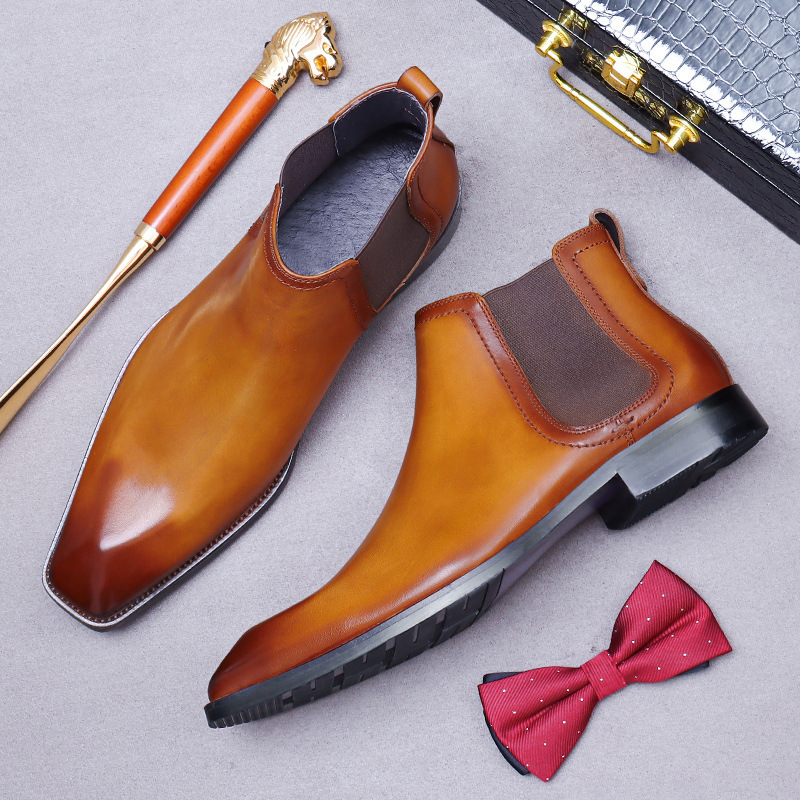 Giày Chelsea boot nam da bò thật cổ thấp dây chun hai bên — Màu nâu vàng, Màu đen (kiểu lót lông), Màu đen, Màu nâu vàng mẫu lót nhung
