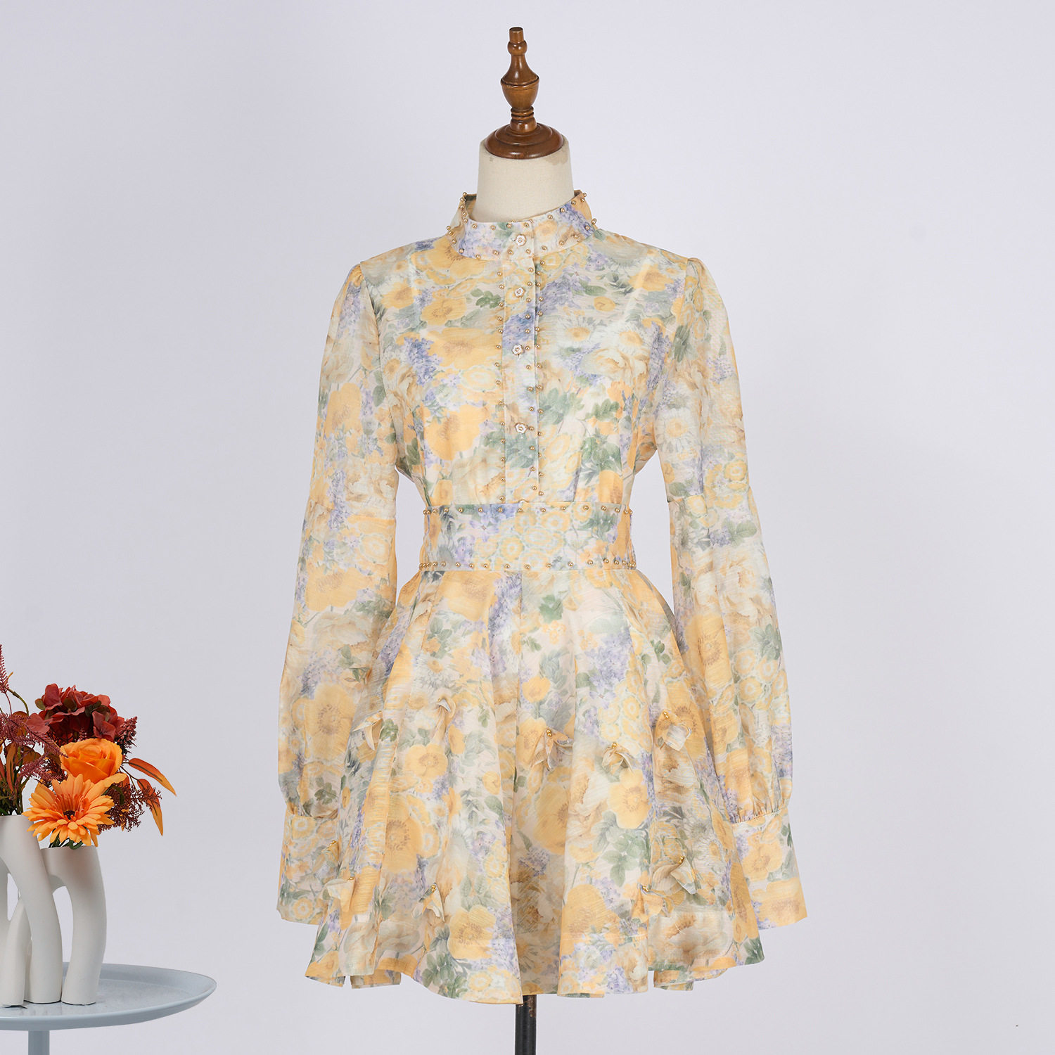 Vintage Floral Beaded Lantern Sleeve Top with A Line Mini Skirt Set Elegant Style for Parties and Events Wholesale