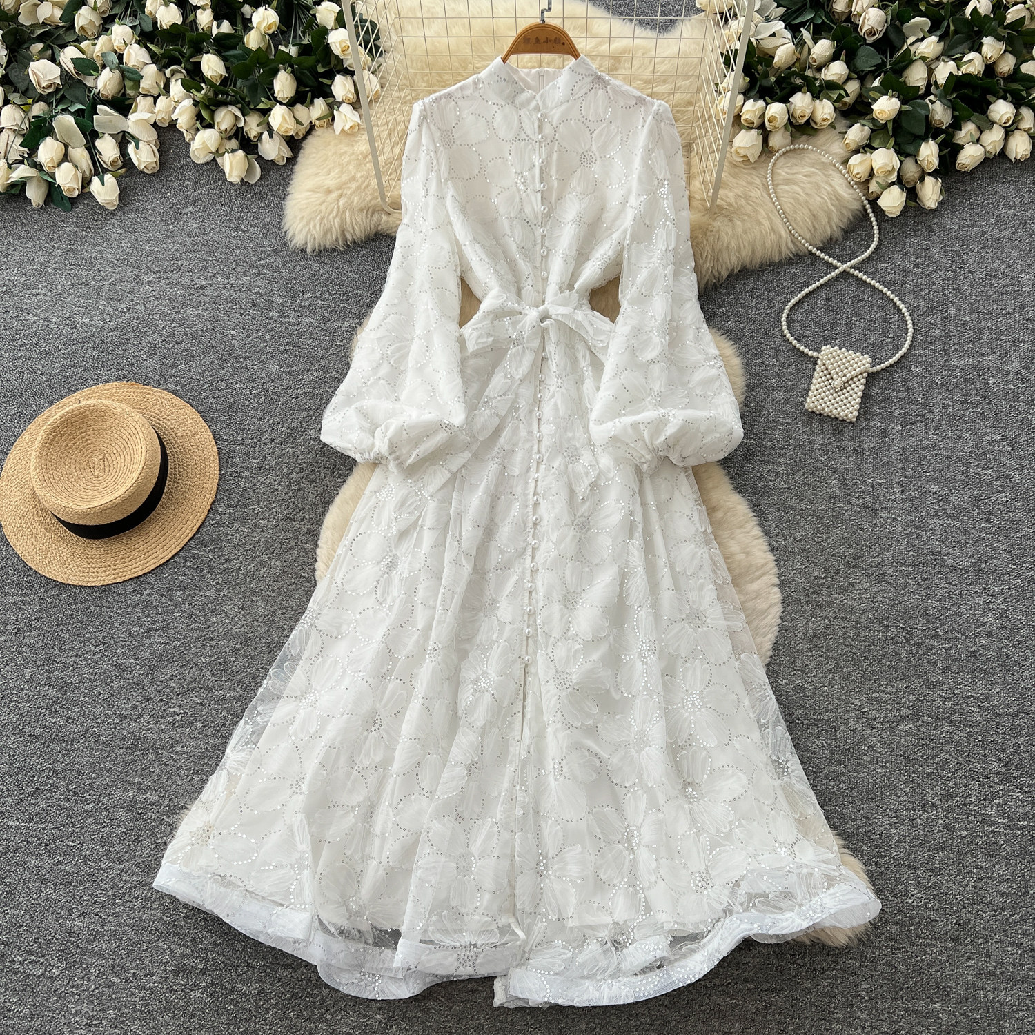 French Romantic Style Lace Dress Stand Collar Lantern Sleeves A Line Silhouette Waist Defining Elegant Evening Wear