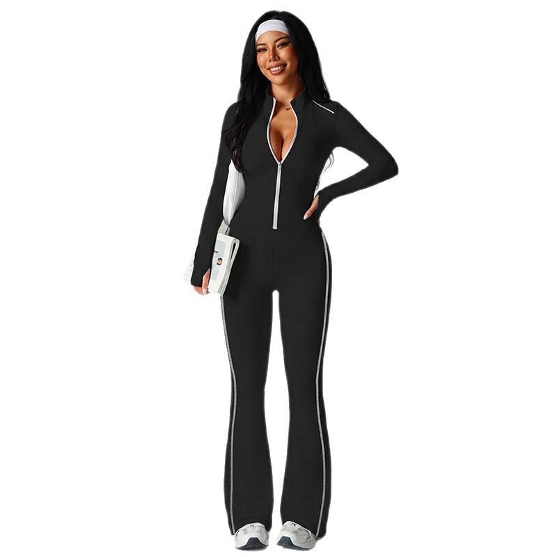 Womens Long Sleeve Zip Top and Fitted Sport Pants Set Solid Color Stylish Lines Autumn Fashion Wholesale Available