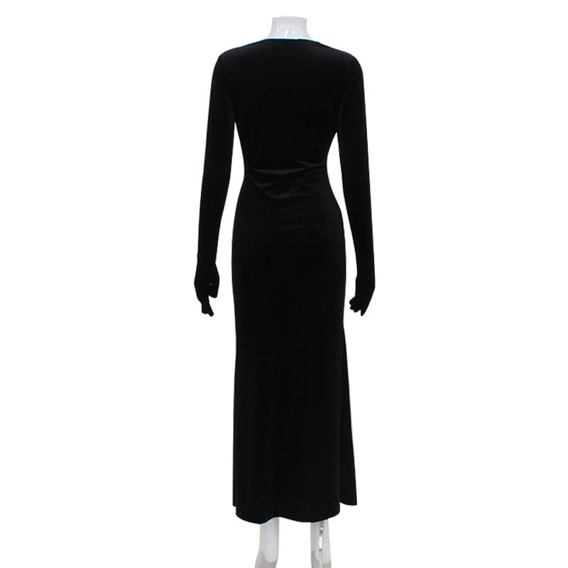 Elegant Deep V Neck Velvet Mermaid Dress with Waist Cinching French Style Sexy Fit Includes Gloves Perfect for