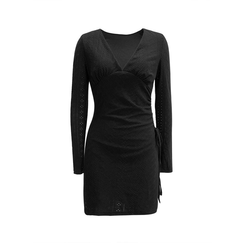 Deep V Long Sleeve Dress Elegant Solid Color Slim Fit Tie Detail Perfect for Casual or Evening Wear Wholesale