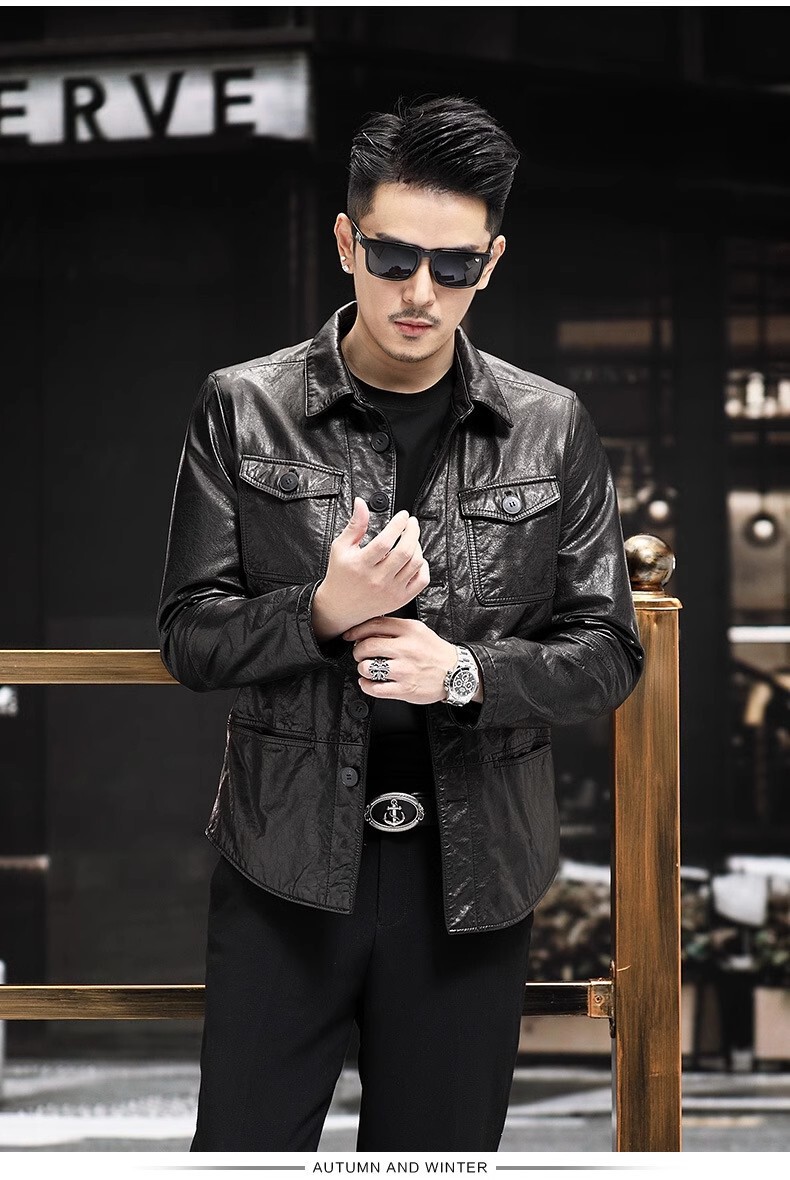 Áo khoác da bò thật dáng jacket biker nam cổ ve áo, nhiều túi khóa kéo — đen