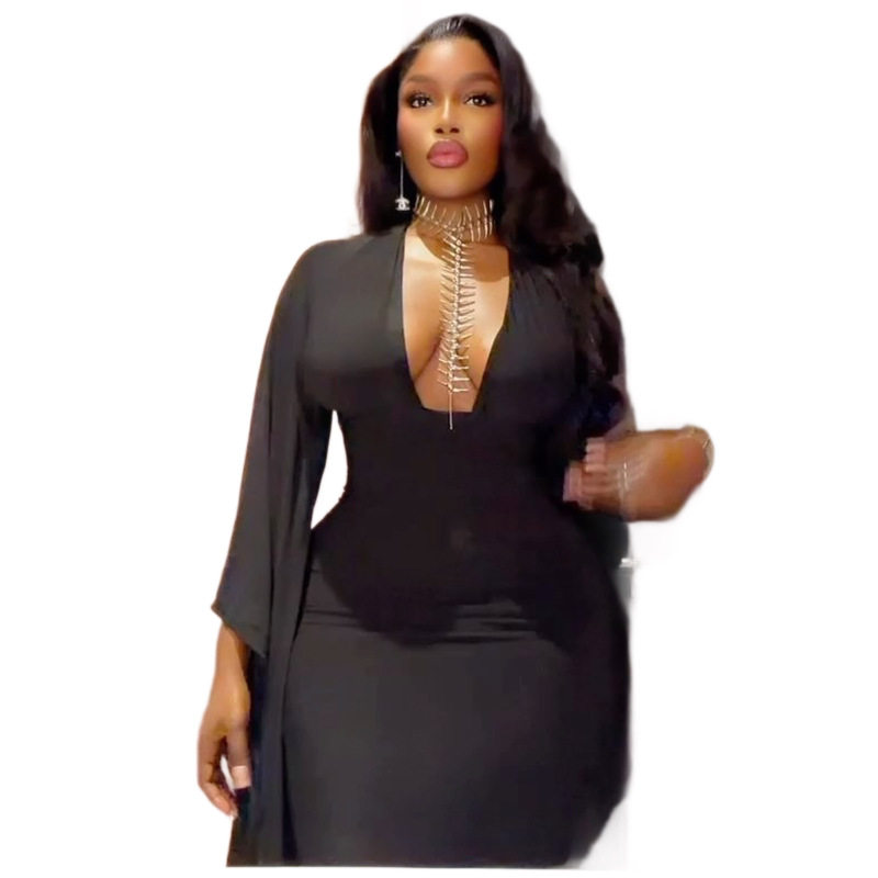 Solid Color V Neck Long Sleeve Bodycon Dress Mid Waist Backless Slim Fit Fashionable Street Style for Women