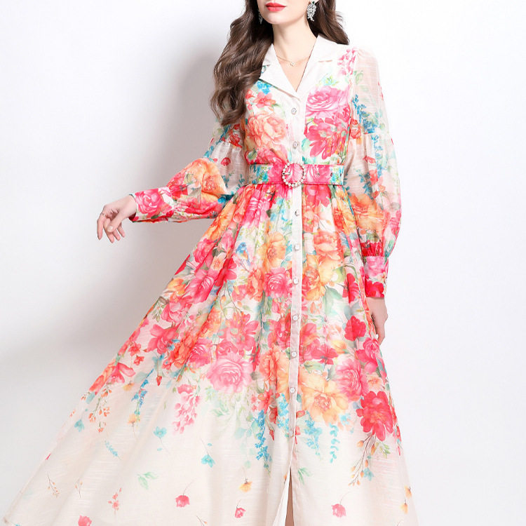 Elegant Womens Long Dress Spring Floral Print Waist Defined Lantern Sleeves Suit Collar Perfect for Formal