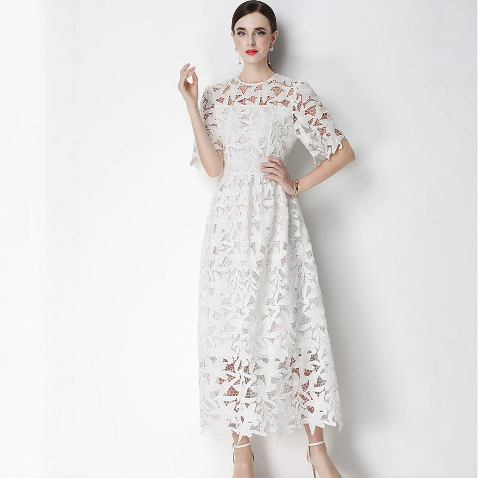 Luxury Lace Hollow Out Maxi Dress Elegant Round Neck Summer Style Perfect for Vacations Wholesale Available