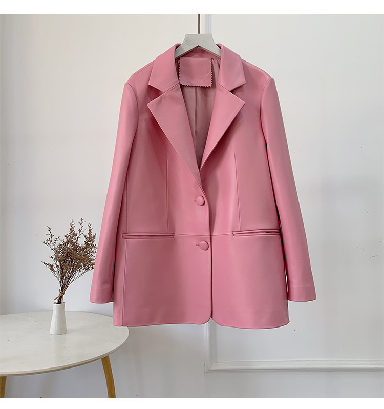 Áo khoác da cừu nữ dáng blazer phối cúc một hàng — Màu cà phê, Màu đen, Màu hồng