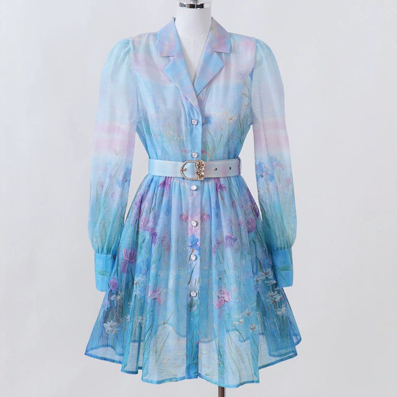 French Romantic Gradient Print Dress Long Sleeve Button Closure Waist Tie Elegant Style Summer Wear Wholesale