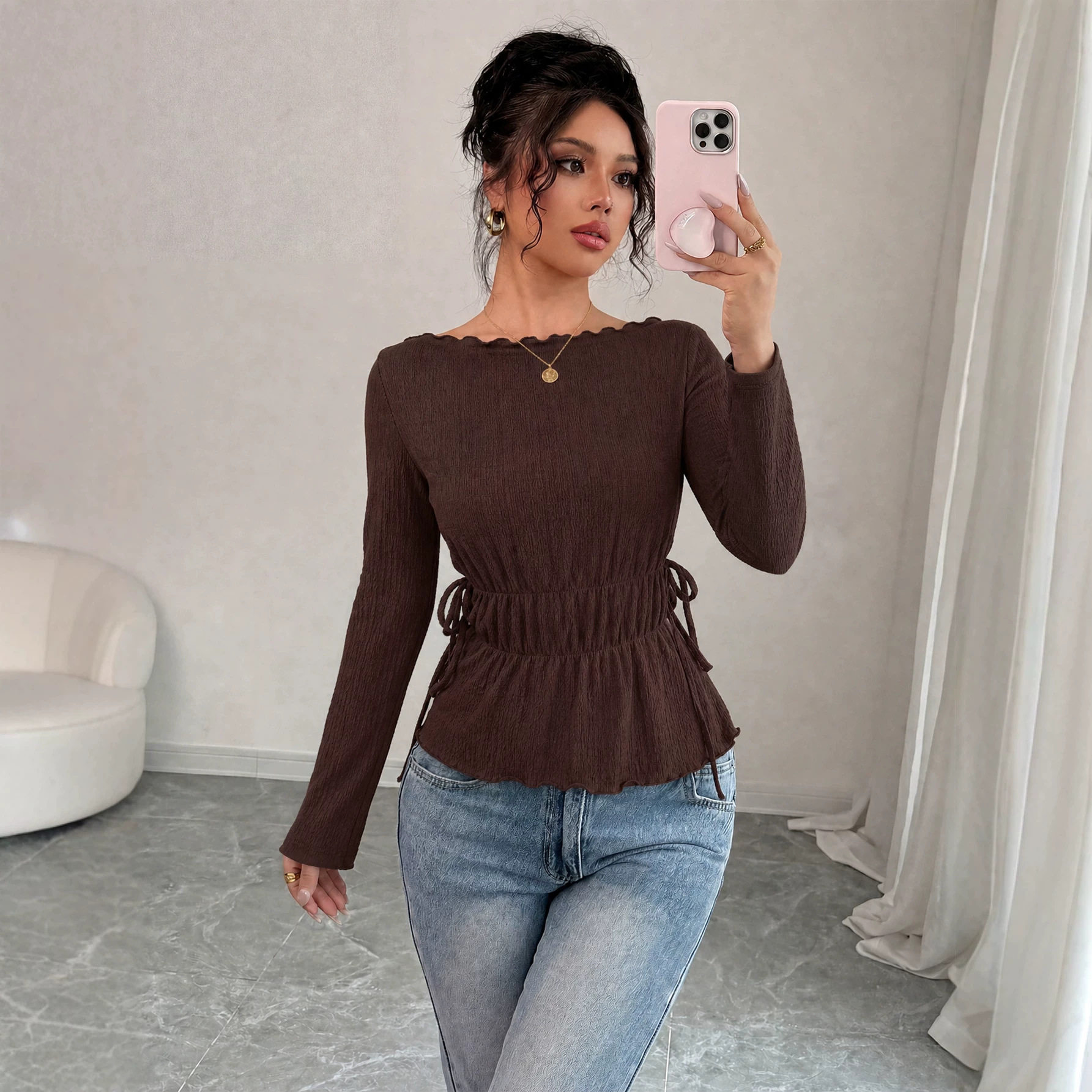 Off Shoulder Long Sleeve Top Textured Fabric Slim Fit Ruffled Hem Fall Winter Fashion Wholesale Available