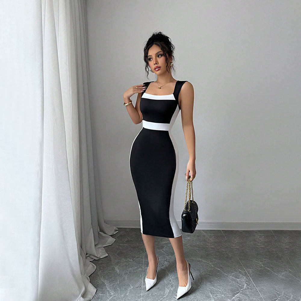Summer Womens Long Color Block Dress Square Neck Sleeveless Elegant Style Perfect for Casual Outings Wholesale