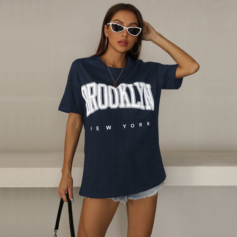 Loose Fit Printed Black T Shirt for Women Summer Style Round Neck Casual Wear Wholesale Available