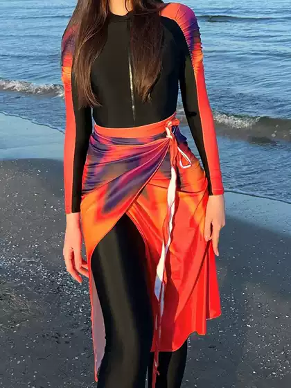 Conservative Middle Eastern Solid Color Long-Sleeved Long-Pants Sun-Protective Beach Swimwear Set in Various Styles, European and American Cross-Border
