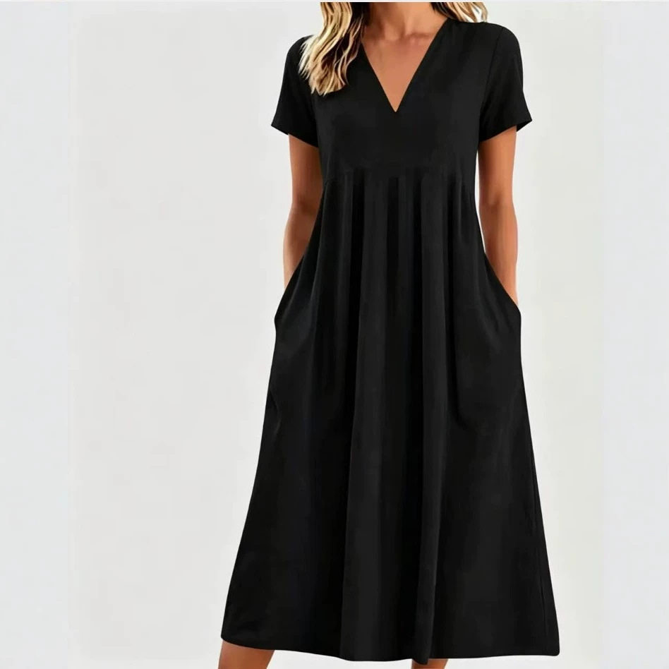 Womens Casual Loose V Neck Short Sleeve Dress Solid Color Spring Summer Style Wholesale Availability