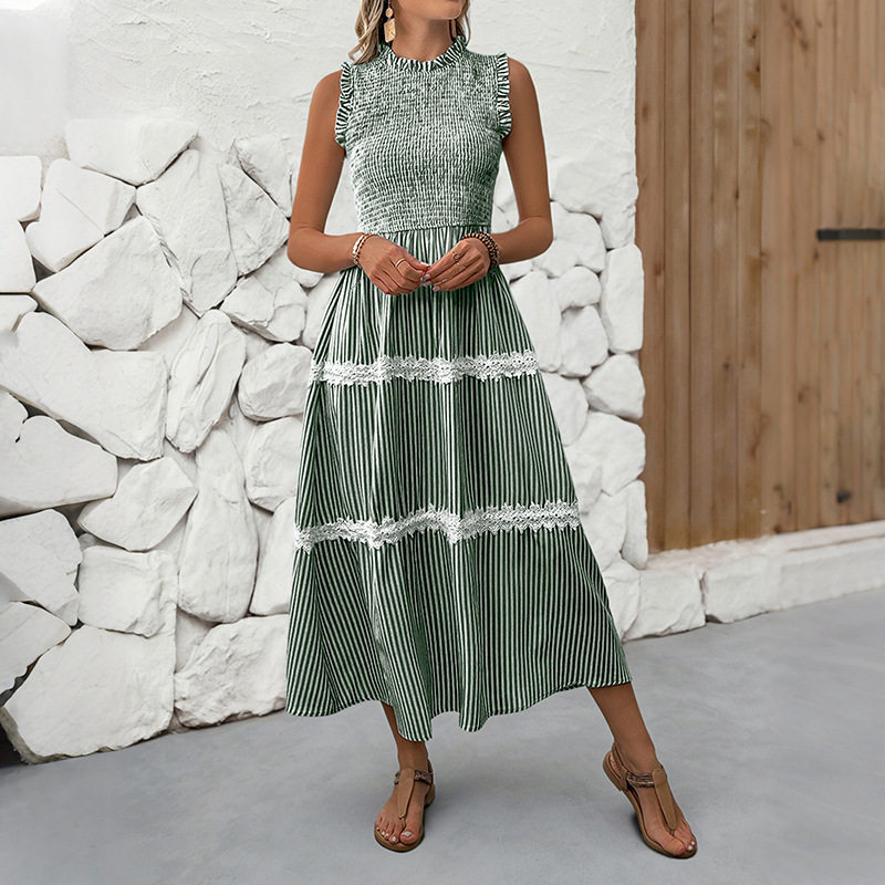Summer Sleeveless Dress Sweet Lace Trim Striped Pattern Casual Style Perfect for Warm Weather Occasions Wholesale
