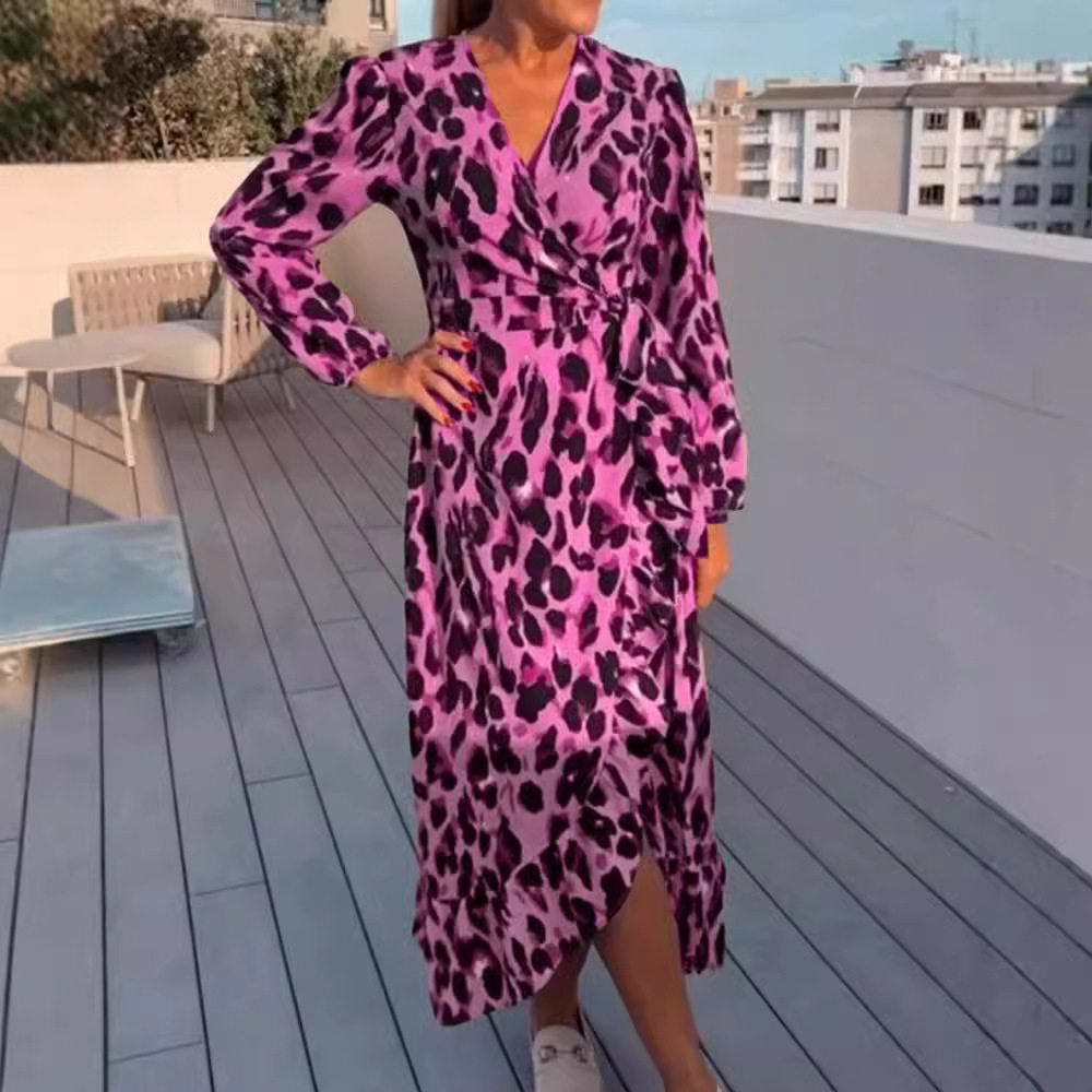 Casual Womens Dress V Neck Long Sleeve Leopard Print Comfortable Fabric Perfect for Everyday Wear Wholesale
