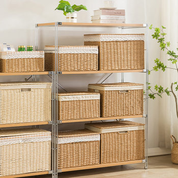 Factory Direct Sales Storage Box Household Rattan Woven Basket with Lid Cosmetics Storage Basket Snack Storage Box Clothes Organizer