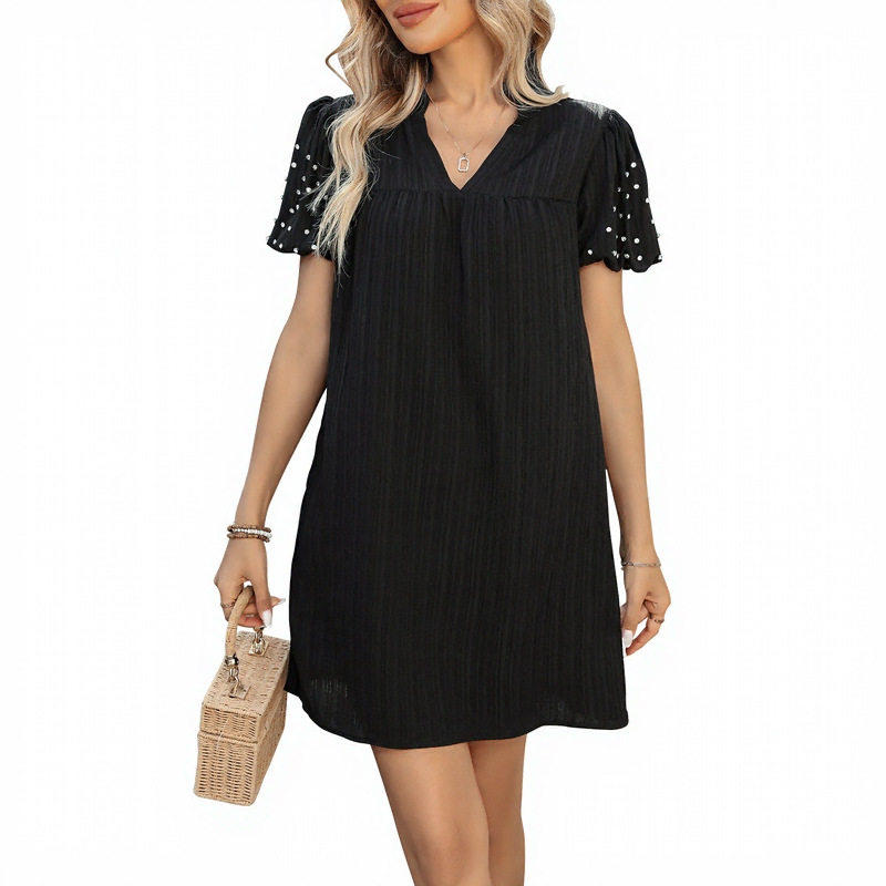 Loose Fit Straight Dress Beaded Detail Fashionable Minimalist Design Black Color for Casual Occasions Wholesale