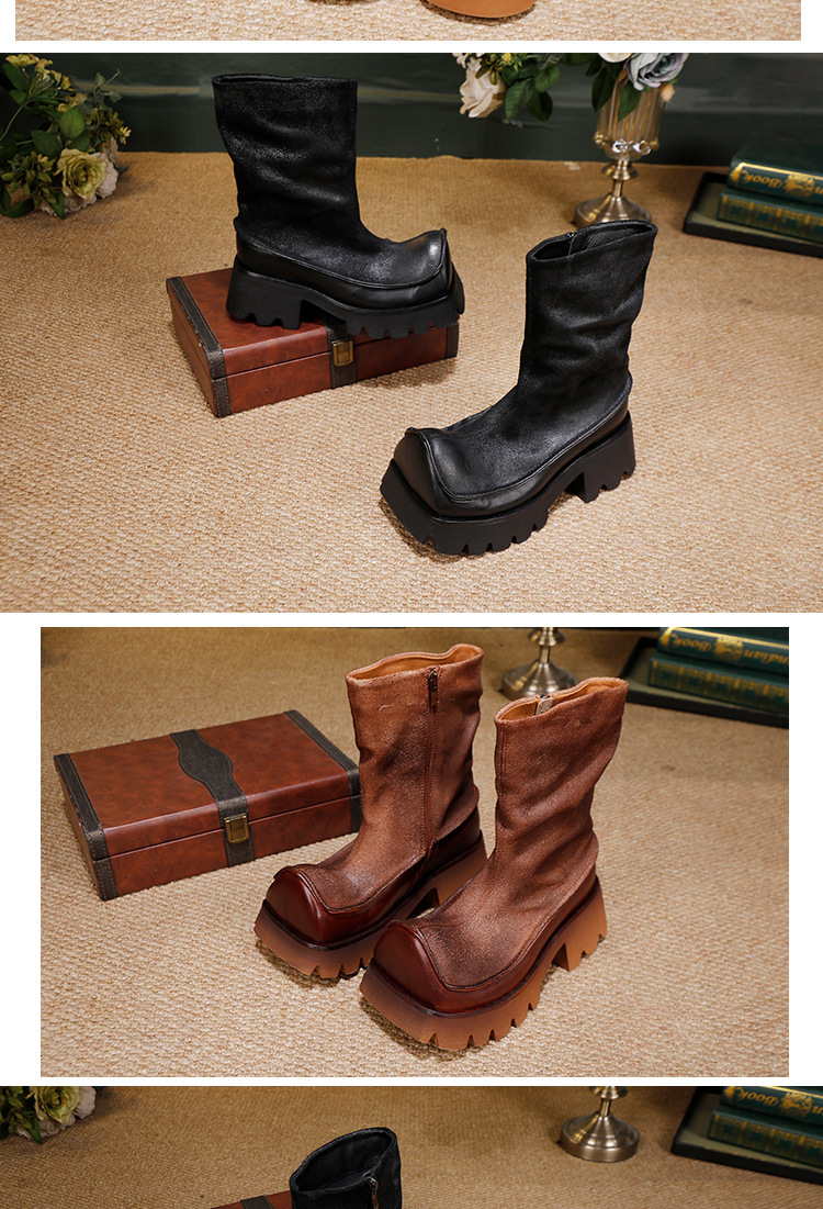 Boot nữ cổ trung da bò thật phối khóa kéo bên hông, thiết kế cá tính phong cách hiện đại — đen, màu cà phê