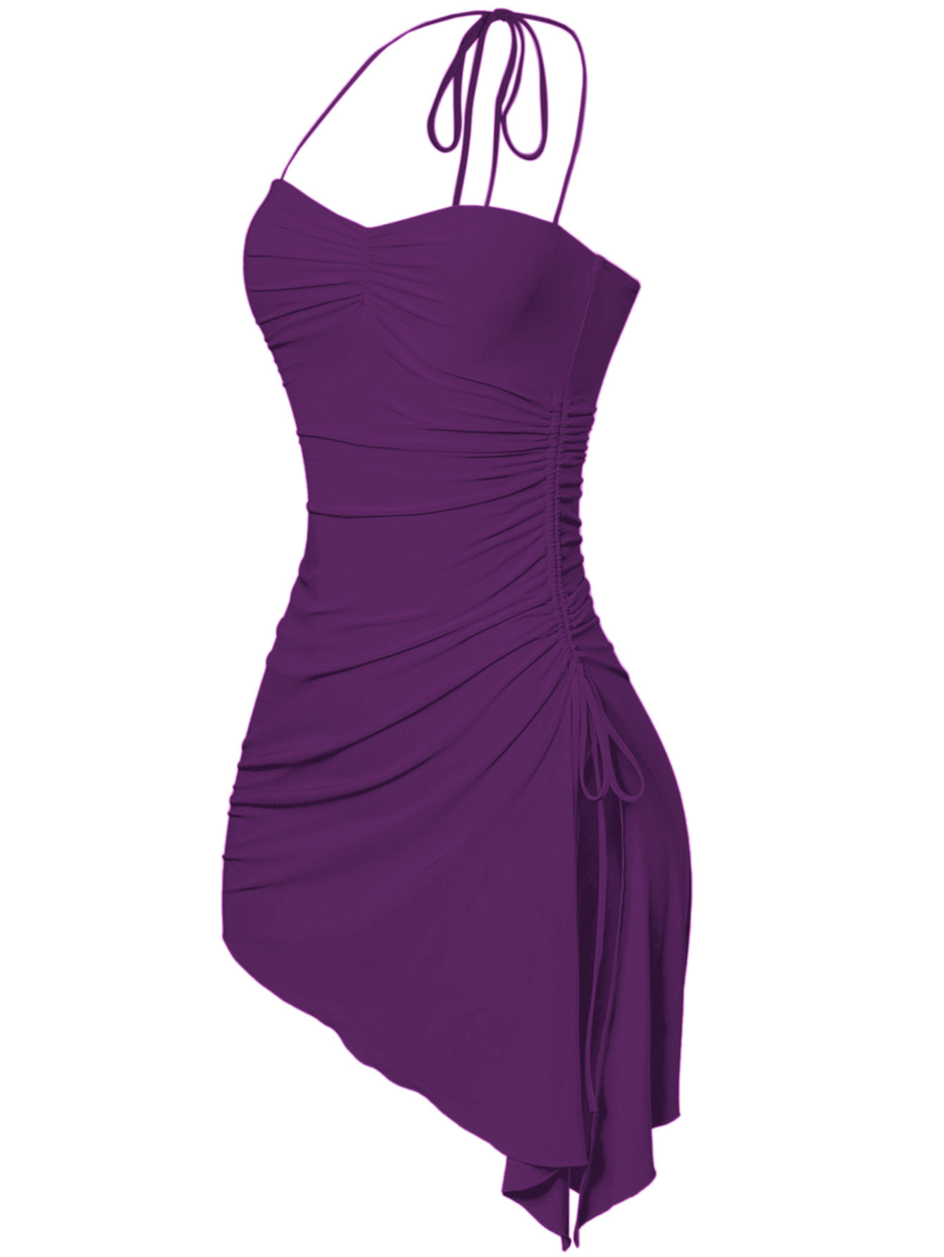 Halter Neck Ruched Bodycon Dress Side Slit Irregular Hem Slim Fit Night Out Party Wear Wholesale Available
