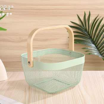 Hand Gift Basket Wooden Handle Handle Iron Storage Basket Hollow Home Fruit and Vegetable Basket Outdoor Portable Vegetable Basket Wholesale