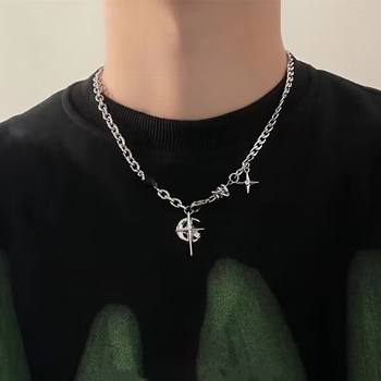 Titanium steel necklace black gem Awn star European and American hip hop Street necklace boys niche design high-grade clavicle chain