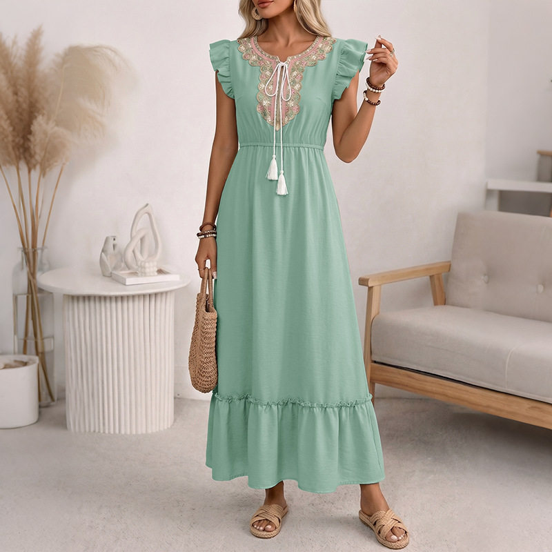 Floral Lace Trim Tassel Flutter Sleeve Dress Fresh Vacation Style Perfect for Summer Events OEM Available