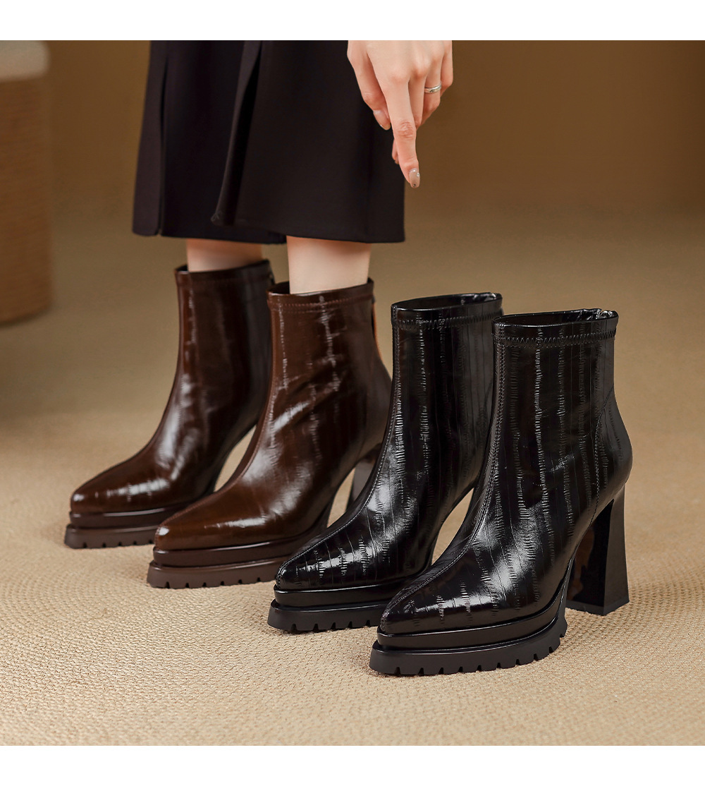 Boot nữ cao gót 10cm mũi nhọn da thật, cổ thấp gót vuông khóa kéo sau — Bảng màu nâu, Màu đen bên trong, Màu nâu., Trong danh sách đen