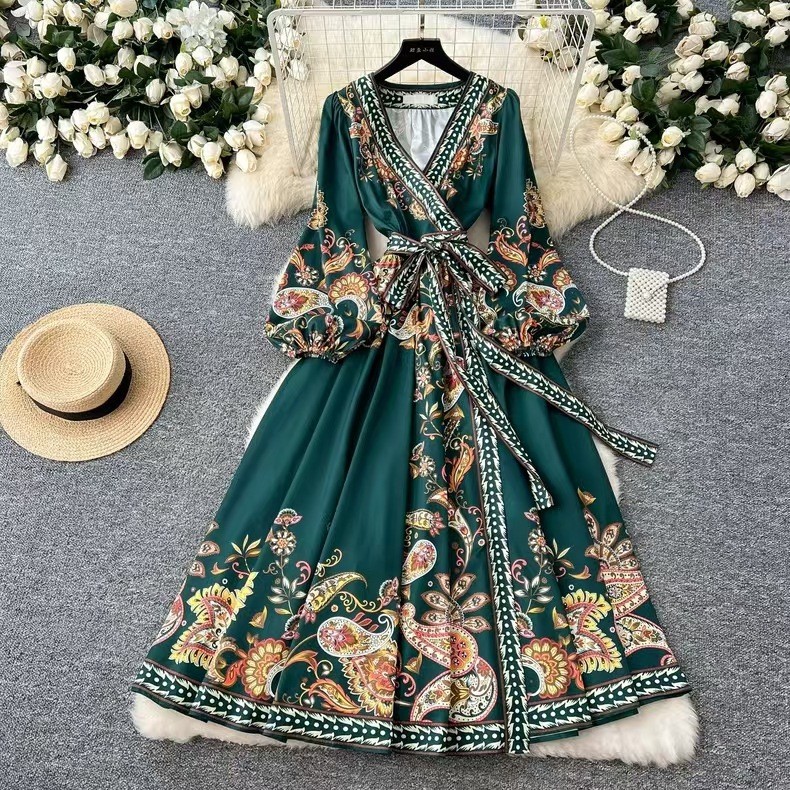 Vintage Floral Print Maxi Dress Cross V Neck Waist Tie Lantern Sleeves Spring Fashion for Women Wholesale Available