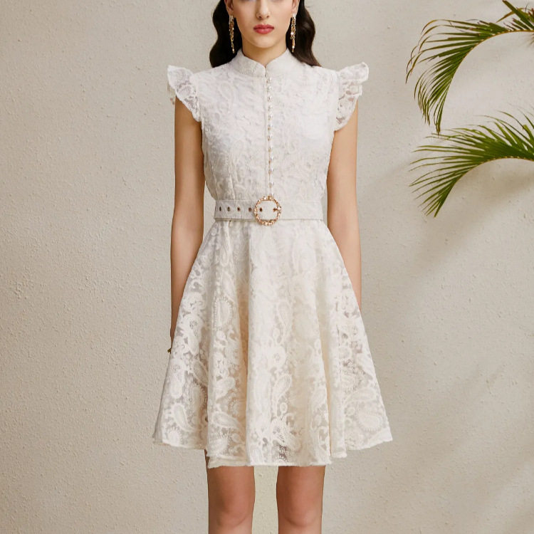 French Court Style Summer Dress Elegant Sheer Fabric Floral Lace Belted Flattering Fit Perfect for Parties and