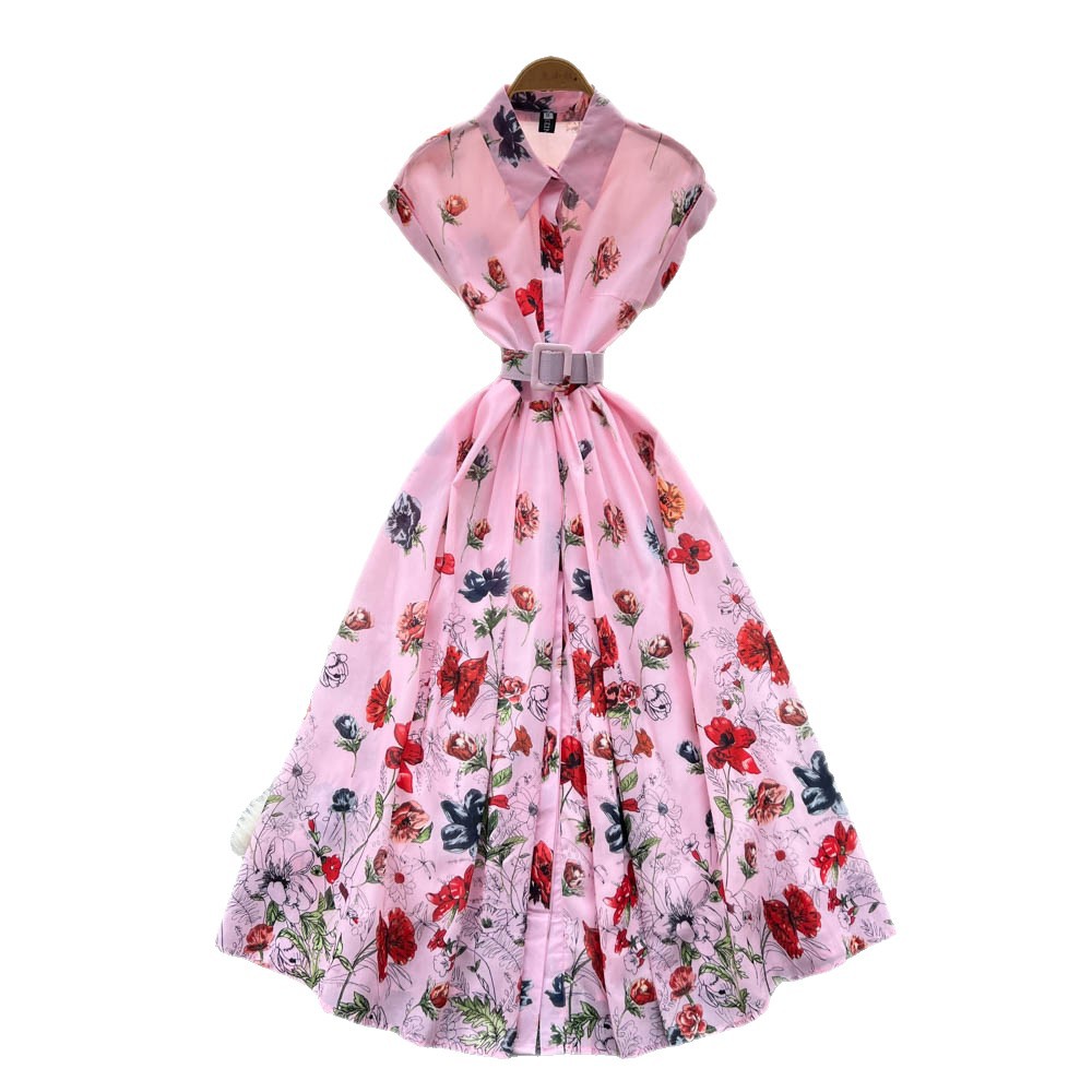 French Style Short Sleeve Polo Dress Waist Defining Flattering A Line Floral Print Summer Elegance for Casual