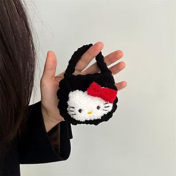 Cute Hawaiian Black Leather Cat Drop-resistant Headphone Bag Bluetooth Headset Protective Case Plush Mini Change Storage Bag