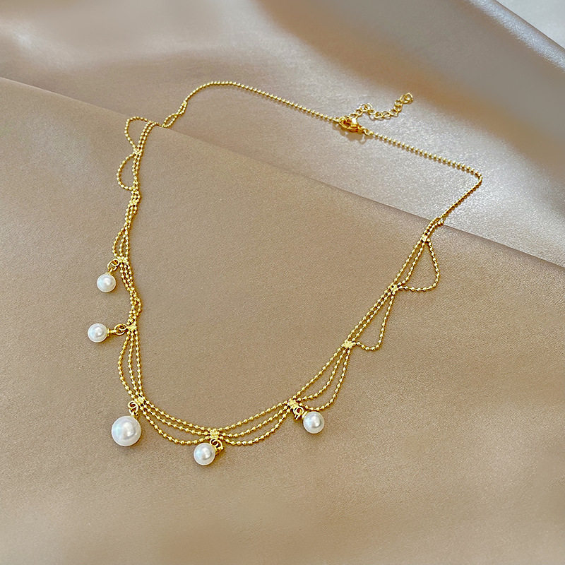 European and American Retro Winding Inlaid Pearl Necklace Women's Light Luxury High-end Sense Internet Celebrity Elegant Clavicle Chain Super Fairy Accessories