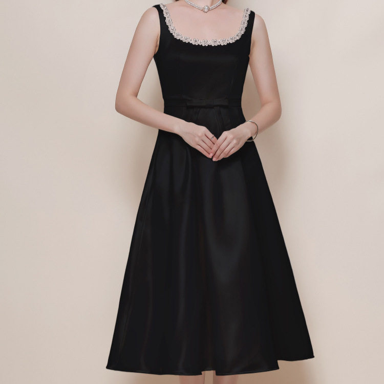 Elegant French Style Beaded Square Neck Sleeveless Dress High End Fit and Flare Waist Defining Slimming Perfect for