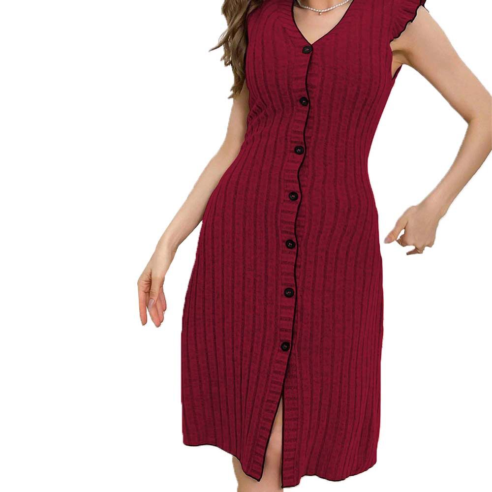 Red Short Sleeve Casual Dress Comfortable Fabric V Neck Sleeveless Spring Summer Home Wear Wholesale Available