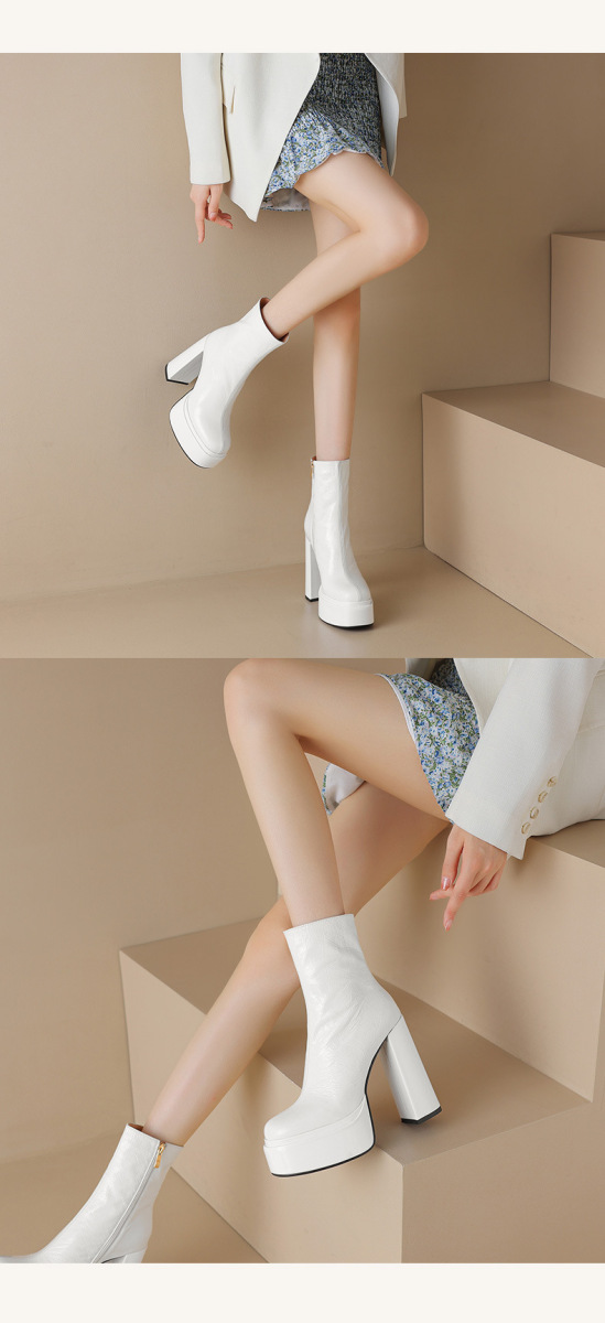 Boot nữ cổ ngắn gót thô 13,5cm mũi tròn có khóa kéo bên hông — Lớp lót đơn màu bạc, Lớp lót đơn màu đen, Lót đơn màu trắng, Lót nhung đen