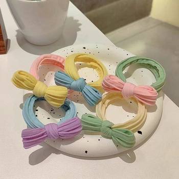Spring and Summer Contrast Macaron Cream Rubber Band Bow Ball Head High Stretch Girl's Ponytail Hair Band Headline