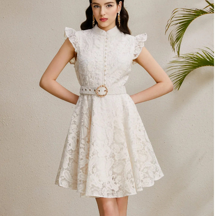 French Court Style Summer Dress Elegant Sheer Fabric Floral Lace Belted Flattering Fit Perfect for Parties and
