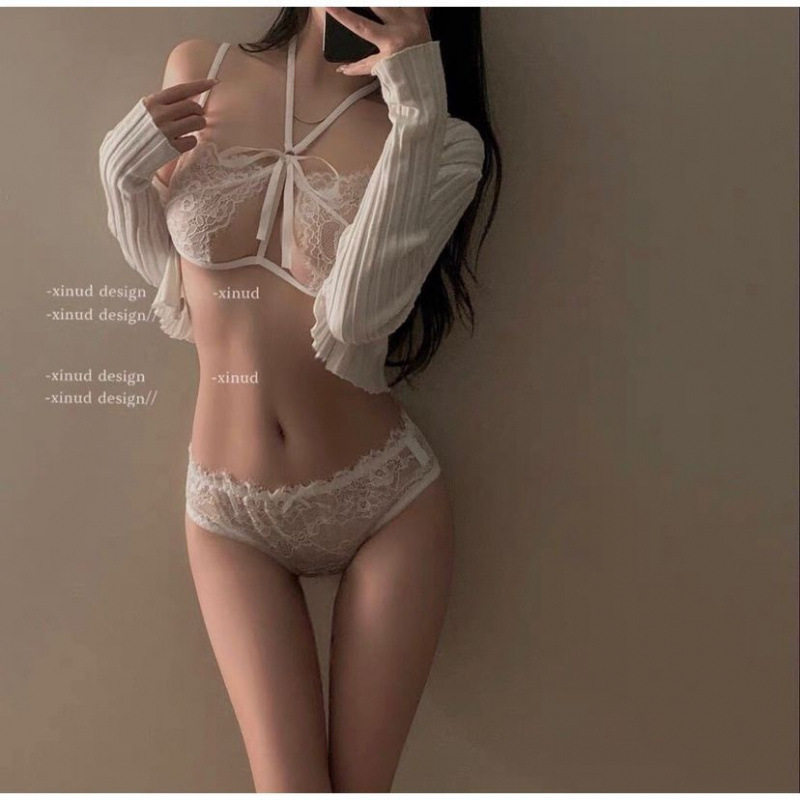 Date Secret~Lace-Up Sexy Intimates for Small Breasts/Large Breasts Without Rims Sexy Lace Temptation Bra and Panty Set