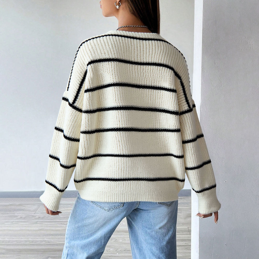 Womens Loose Fit Striped Knit Cardigan V Neck Long Sleeve Soft Fabric Spring Summer Fashion Wholesale Available