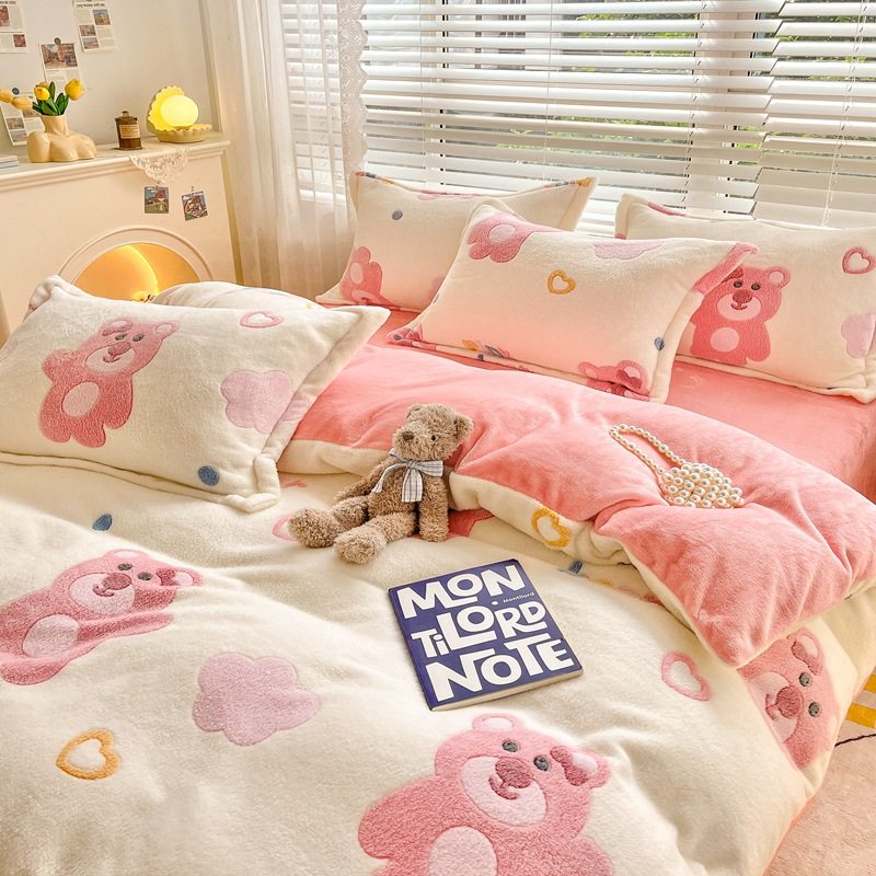 Milk Velvet Bed Four-Piece Set Fleece-Lined 3A Type Snowflake Velvet Three-Piece Dormitory Set 5D Carved Velvet Quilt Cover Thickeneded Version