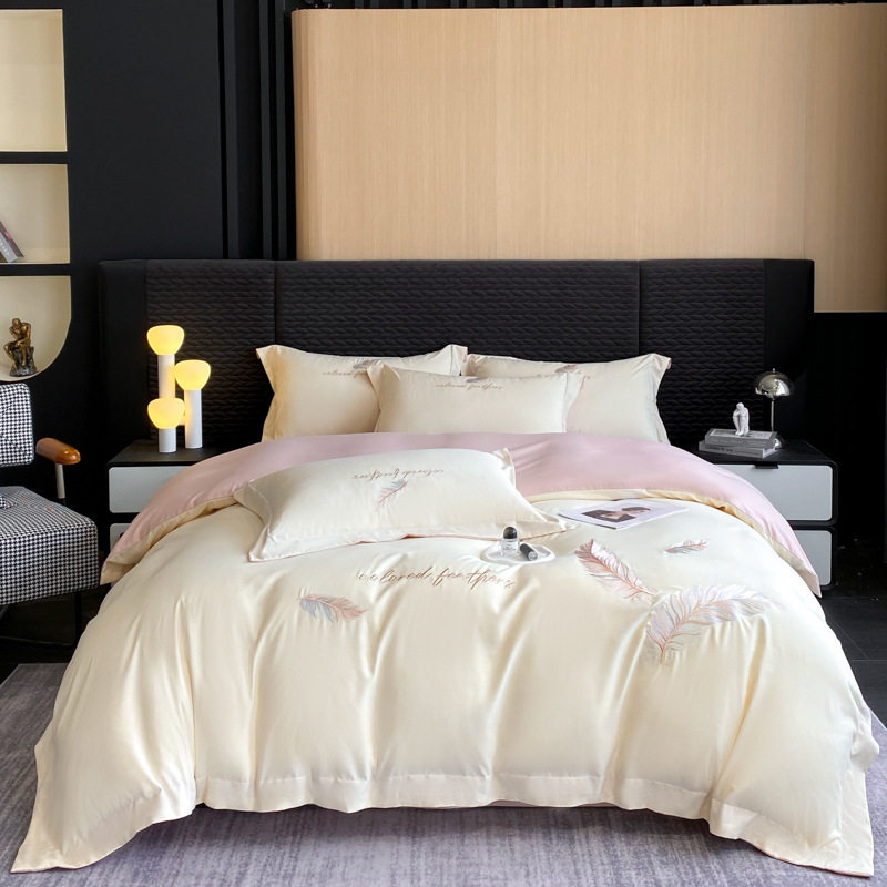 New Skin-Friendly Cotton Bed Set, Thickened Brushed Four-Piece Set, High-End Skin-Friendly Feather Embroidery Duvet Cover and Bed Sheet