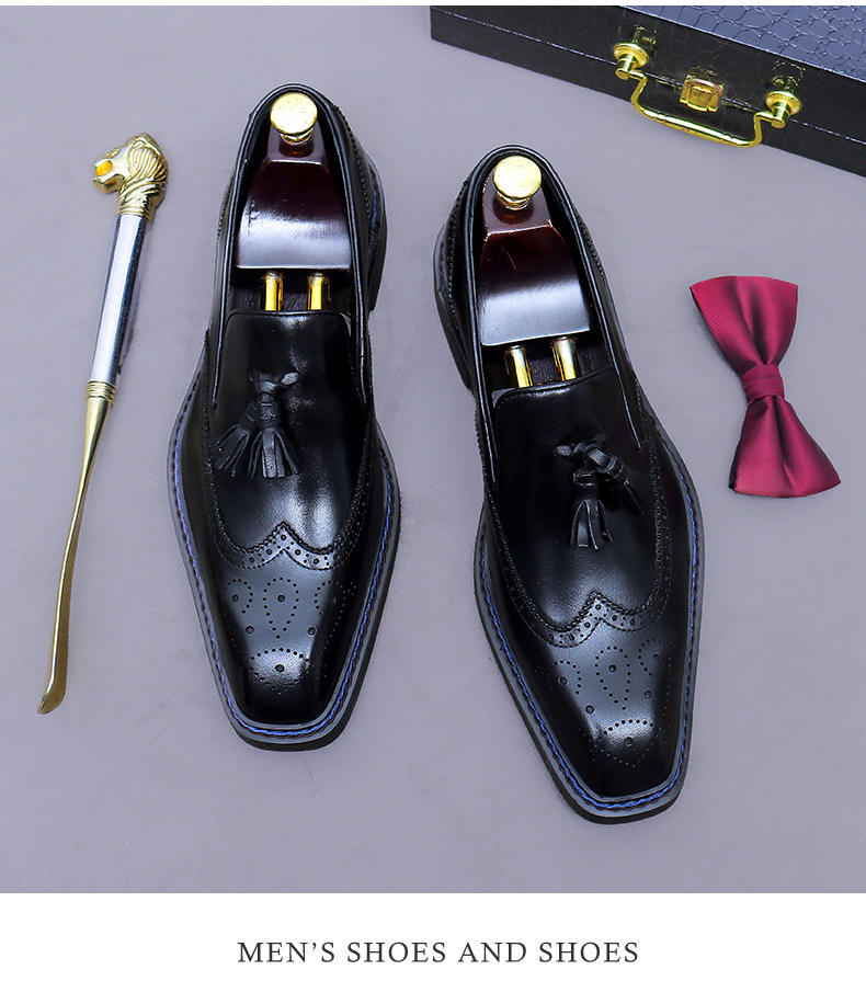 Giày da nam da bò thật chạm khắc brogue cổ thấp kiểu lười có tua rua — Màu nâu (cạnh xanh), Màu nâu (viền đen), đen (cạnh xanh), đen (viền đen)