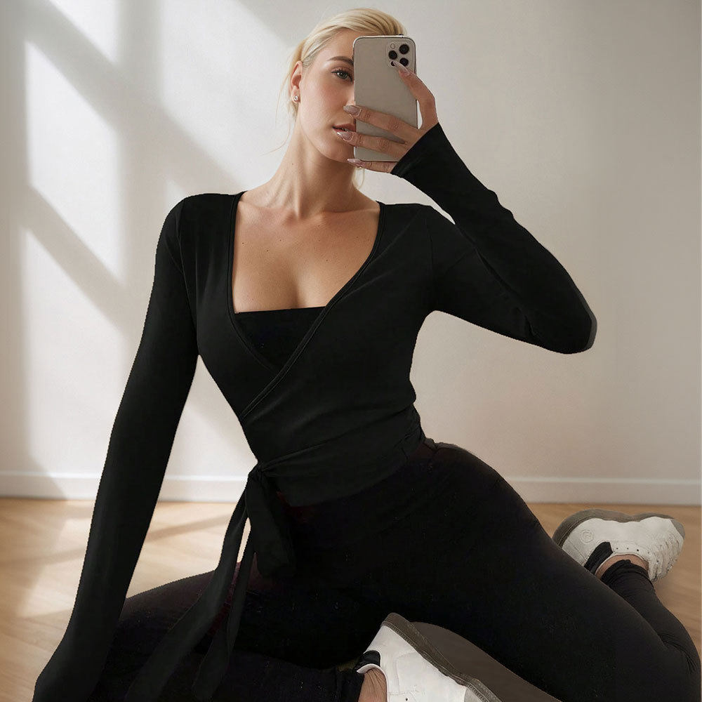 V Neck Long Sleeve Yoga Top Slim Fit Solid Color Sexy Design Spring Summer Collection Wholesale Available